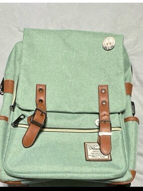 Mint Green Canvas Laptop Backpack with Brown Trim